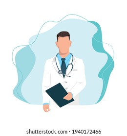 Doctor in a white coat with a stethoscope ready to come to the rescue vector illustration on an abstract modern background. Thanks to doctors and nurses for saving lives.