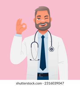 Doctor in a white coat with a stethoscope winks and makes an OK gesture. The smiling head physician is a therapist. Successful confident bearded man. Vector cartoon illustration on a pink background.