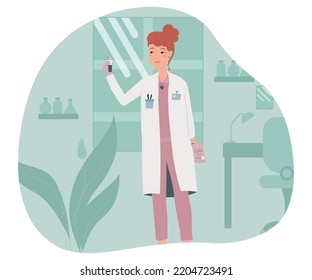 Doctor in a white coat with a test tube examines the tests. Doctor's office, examining diseases, making a diagnosis. Laboratory assistant. Medical laboratory illustration with a doctor 