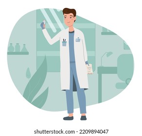 Doctor in a white coat with a test tube examines the tests. Doctor's office, examining diseases, making a diagnosis. Laboratory male assistant. Medical laboratory illustration with a doctor