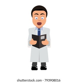 doctor in a white coat, tie and shirt stares at the book. Figure in full growth. Figure. Vector. Emotions. Cartoon