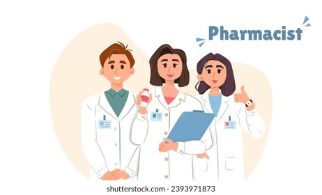 Doctor in white gown holding clipboard, male and female medic wearing uniform. Hospital employee standing in row. Pharmacist medicine. Emergency treatment concept. Vector illustration