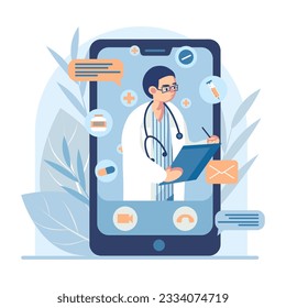 Doctor in white medical coat holding clipboard and listening patient, helping online via smartphone. Time for making treatment online. Remote medical consultation. Vector flat illustration