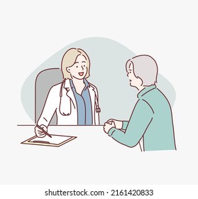 doctor in white medical uniform talk discuss results or symptoms with female patient. Hand drawn style vector design illustrations.