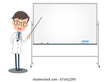 Doctor in a white robe to explain with a white board.