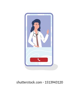 Doctor in white robe giving medical online consultation with video call. Virtual medicine. Online Diagnosis. VR chat with doctor. Vector cartoon illustration
