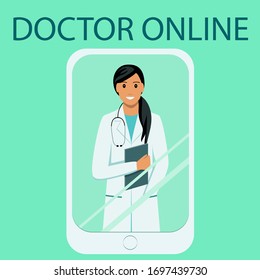 The doctor in a white robe with a stethoscope on the phone screen. Online advice