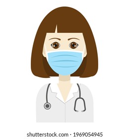 Doctor with white surgical overalls, blue face mask and stethoscope. Woman doctor portrait. Flat vector illustration. 
