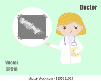 Doctor in White Uniform with Broken Bone X ray film. Vector Cartoon Illustration.