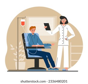 Doctor in white uniform checking patient in ward. Man donate blood for people in need. Medical center for blood collection. Lifesaving impact of blood concept. Flat vector illustration