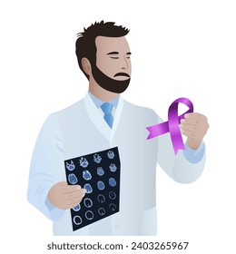 Doctor in white uniform with purple ribbon in hand about ADD, ADHD, Alzheimer's disease, Arnold Chiari malformation, infantile paralysis and stroke, epilepsy