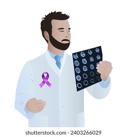 Doctor in white uniform with purple ribbon in hand about ADD, ADHD, Alzheimer's disease, Arnold Chiari malformation, infantile paralysis and stroke, epilepsy