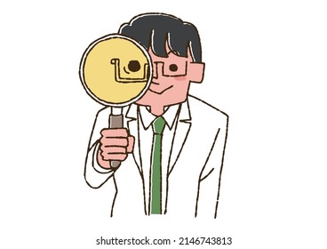 A doctor who carefully observes with a magnifying glass, a comical handwritten person, a vector, a line drawing and a color