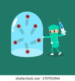 Doctor who conducts a virus research in control room test tube. Doctor who fought with the coronavirus(Covid-19). Virus protection concept. Vector illustration