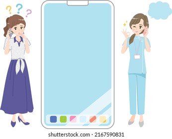 A doctor who consults with a young woman who consults with a smartphone