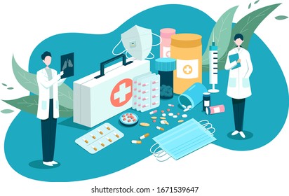 The doctor who is diagnosing lung CT, with various drugs.Medical vector illustration