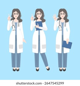 a doctor who has long curly hair in hospital uniform with various posture. flat  vector, illustration design.