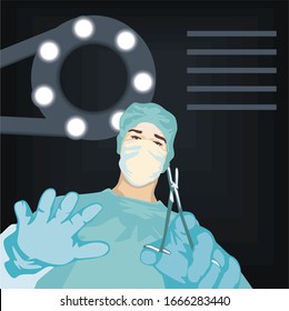 The doctor who performs the operation. Doctor holding operating tools in his hands. There is a large lamp on the face