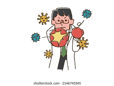 Doctor who repels viruses Comical handwritten person Vector, color on line drawing
