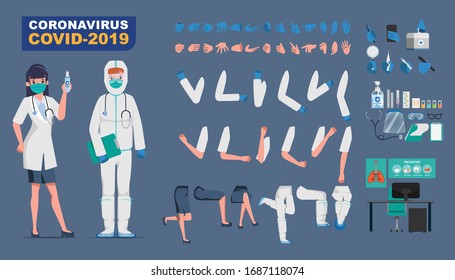 Doctor who save patients from coronavirus outbreak and fighting the coronavirus. Creation character pose set with equipment, tools, and medical labs.