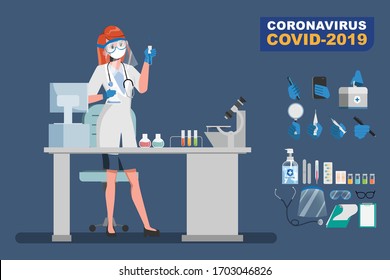 Doctor who save patients from coronavirus outbreak and fighting the coronavirus. Creation doctor character pose set with equipment, tools, and medical labs.