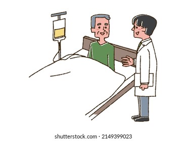 A doctor who speaks to an elderly man in an inpatient, a comical handwritten person, a vector, a color on a line drawing
