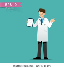 A doctor who wear lab coat, holding a clipboard and talk or presenting. Vector illustration design.