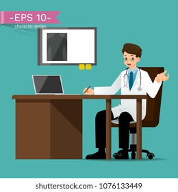 A doctor who wear lab coat sit and give consulting about patient symptom . Vector illustration design.