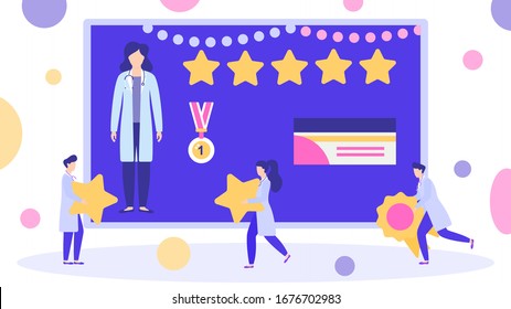 Doctor winner with best rating awarded medal prize vector illustration. Top doctor woman with 5 star scores reviews. People staff colleagues team. Healthcare isolated banner.