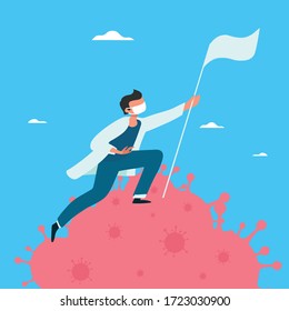 Doctor winning war against covid-19. Concept illustration of winning coronavirus. Virus defeated. 