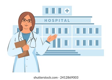 Médica en el fondo del edificio del hospital. Consulta al médico. Amable y cuidadoso trabajador médico. Ilustración vectorial.