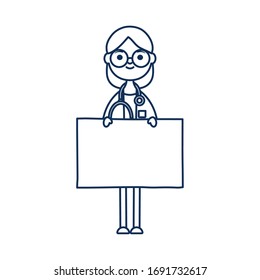 doctor woman with blank billboard icon over white background, line style, vector illustration