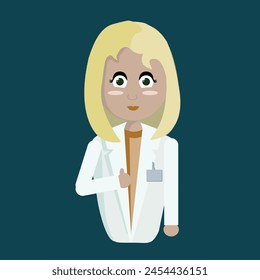 The doctor is a woman with blonde straw-coloured hair and large eyes, with a nametag on her white coat and wearing a pink blouse. The figure is waist-length. Vector