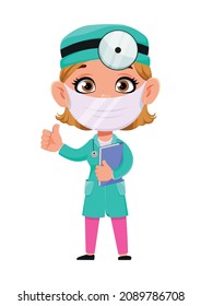 Doctor woman cartoon character. Beautiful female doctor wearing medical mask