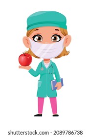 Doctor woman cartoon character. Beautiful female doctor holding juicy apple