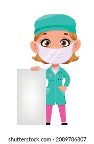 Doctor woman cartoon character. Beautiful female doctor standing near blank placard