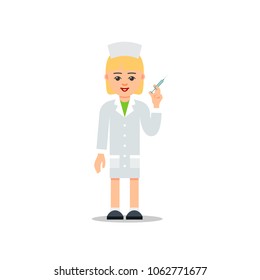 Doctor woman. Cartoon female doctor stands with a syringe in her hand. Cartoon illustration isolated on white background in flat. Full length portrait of doctor woman, nurse or medical assistant.
