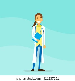Doctor Woman Cartoon Person Hold Clipboard Icon Flat Vector Illustration