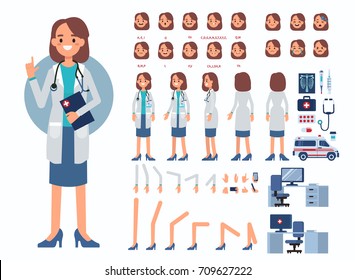 Doctor woman character constructor and medical objects for animation. Set of various men's poses, faces, mouth, hands, legs. Flat style vector illustration isolated on white background. Doctor woman character constructor and medical objects for animation. Set of various men's poses, faces, mouth, hands, legs. Flat style vector illustration isolated on white background.