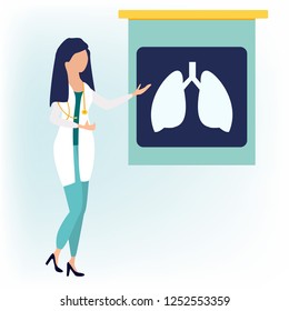 Doctor woman character near fluorography or chest lungs x-ray. Medical concept vector illustration in flat cartoon style.
