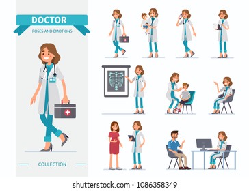 Doctor woman character set.  Flat  cartoon style vector illustration isolated on white background.  