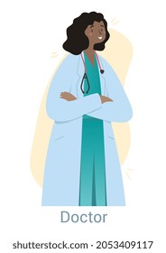 Doctor woman concept. Character in medical gown with stethoscope. Female diagnoses diseases and treats patients. Favorite profession. Cartoon flat vector illustration isolated on white background