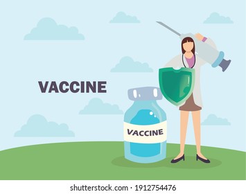 doctor woman with covid 19 virus vaccine jar injection and shield design of 2019 ncov cov and coronavirus theme Vector illustration