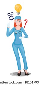 Doctor woman creative thinking, question - concept. A red-haired nurse comes up with an idea.