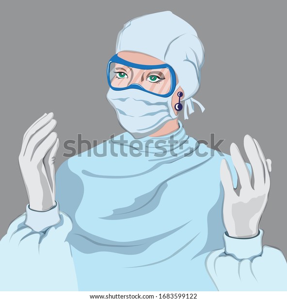Doctor woman equipped Vector. Virus\
pandemic working medical stuff. Young woman wearing a disposable\
coverall with gloves, mask and eye protection\
glasses