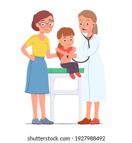 Doctor woman examining kid patient with stethoscope on medical clinic bed. Mother and daughter visiting pediatrician, getting checkup consultation. Child health care exam. Flat vector illustration