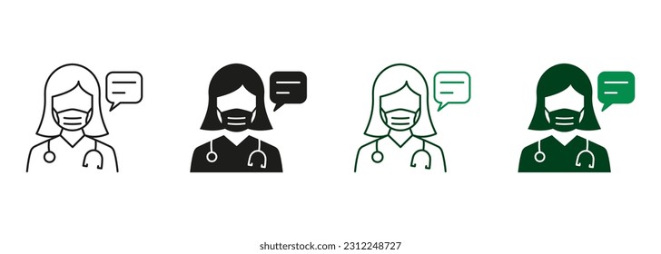 Doctor Woman in Face Mask with Speech Bubble. Healthcare Chat Line and Silhouette Icon Set. Physician Talk, Consultation Pictogram. Medic Black and Color Sign Collection. Isolated Vector Illustration.