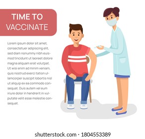 Doctor woman giving a free flu vaccination shot to the arm of a male patient. Vector isolated cartoon illustration.