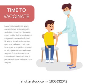 Doctor woman giving a free flu vaccination shot to the arm of a kid patient. Vector isolated cartoon illustration.