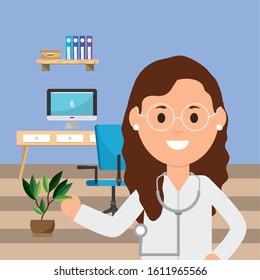 doctor woman with glasses and stethoscope in consultation room work vector illustration